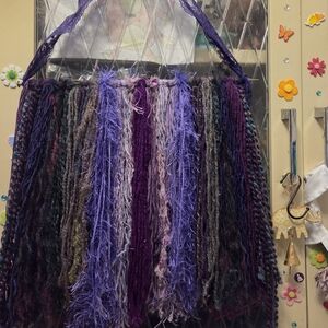 Hand Crafted Purple Layered Yarn Fringe Wall Hanging Upcycled Boho